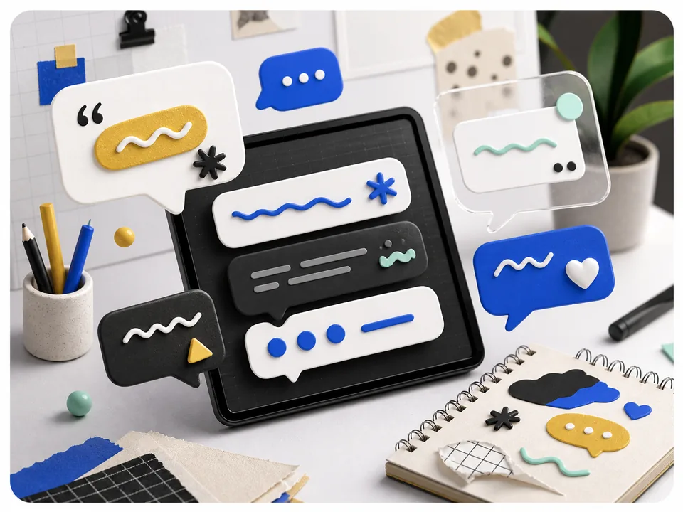 Creator workspace with stylized message bubbles and caption cards