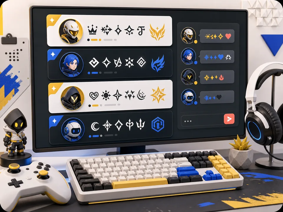 Gaming setup with abstract styled name cards and chat panels