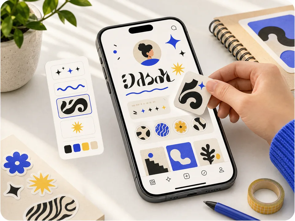 Stylized profile screen with decorative Unicode-like text shapes