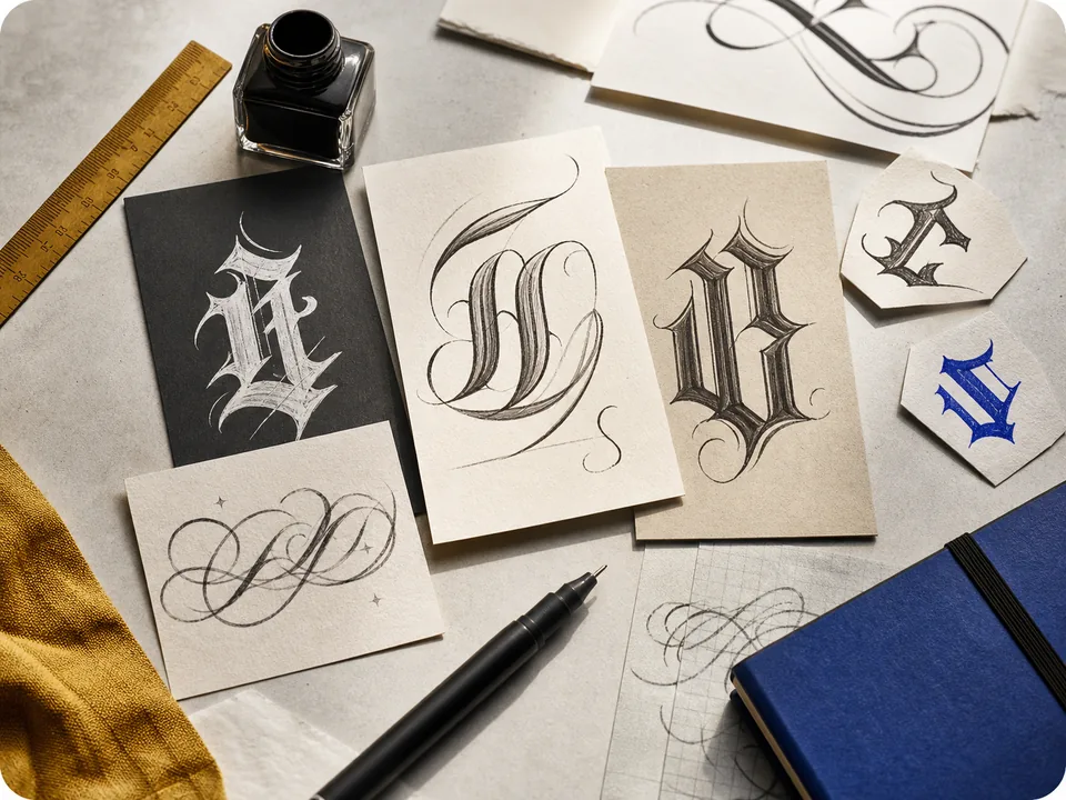Tattoo lettering planning cards with blackletter and cursive shapes